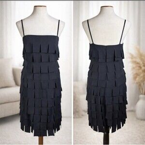 CACHE’ Black Tiered Square Fringe Party Dress Spaghetti Strap Evening LBD Sz 6
